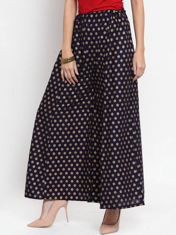 Women Navy Blue & Gold-Toned Printed Flared Palazzos