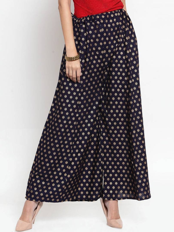 Women Navy Blue & Gold-Toned Printed Flared Palazzos