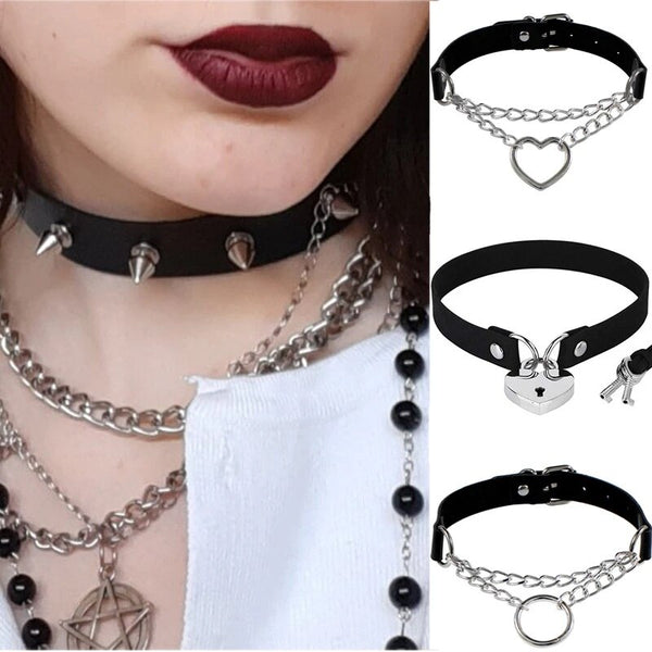 2021 Punk Rock Gothic PU Leather Necklace Heart Round Spike Rivet