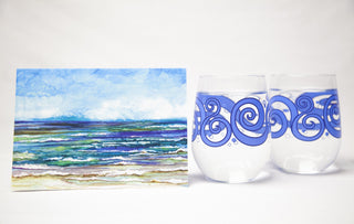 Beach Theme 3 Piece Gift Set : Greeting Card and Stemless Wine Glasses