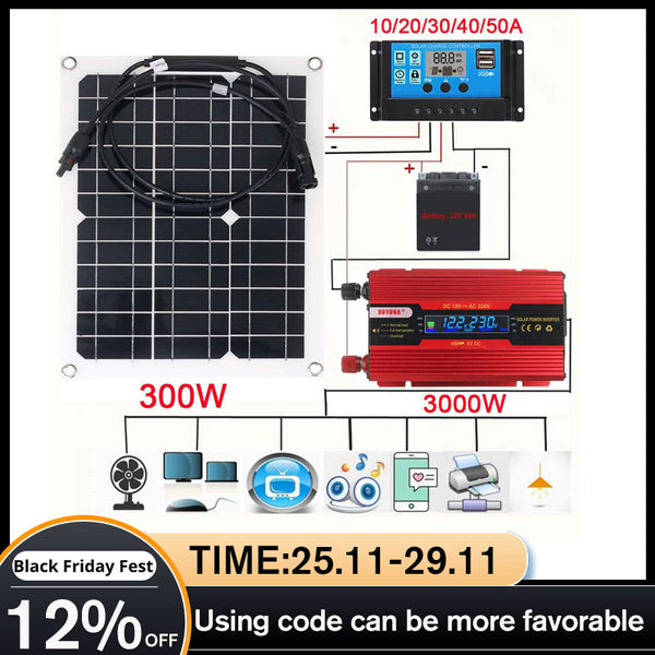 3000W Solar Power System Kit Battery Charger 300W Solar Panel 10 50A