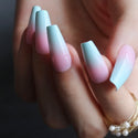 Long Pink Blue Ombre Coffin French Shiny Fake Nails Summer Lovely Salon Glossy Ballet Nails False Nail Medium Art