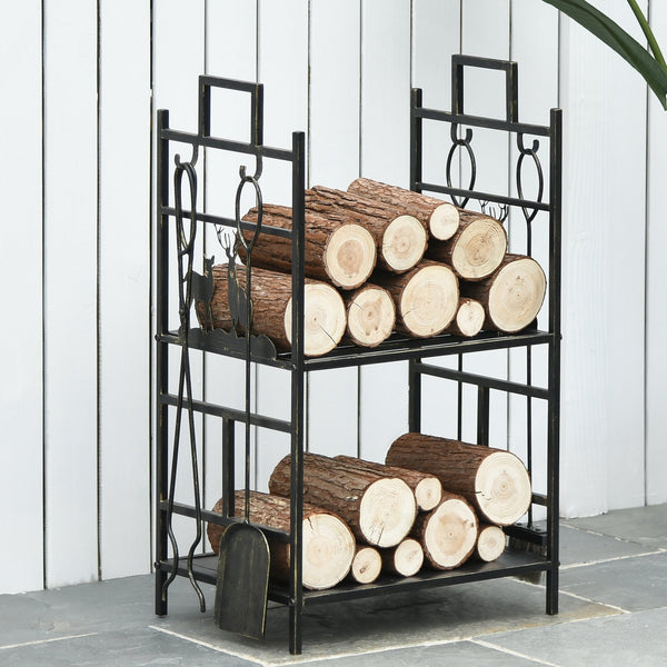 Outsunny 2-Layer Heavy Duty Firewood Rack Wood Log Fireplace Stacker