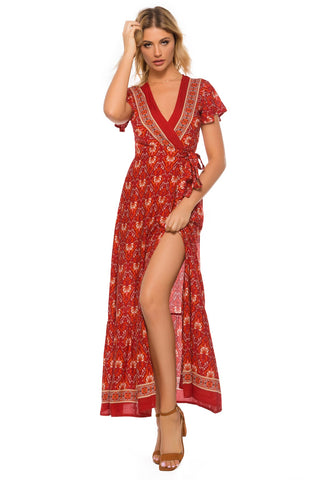 Buy red-02 Floral Print Summer Boho Happie Dress