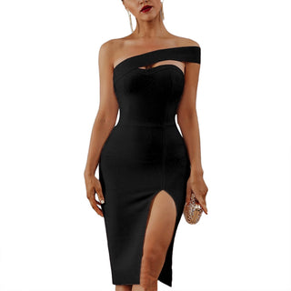 Buy black Off Shoulder Side Slit Bodycon Midi Party Dress