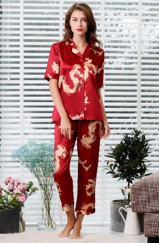 Buy short-sleeve-women2 Couple Silk Satin Pajamas