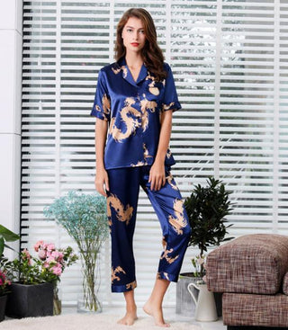 Buy short-sleeve-women Couple Silk Satin Pajamas