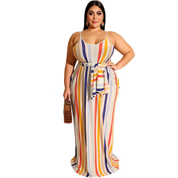 Plus Size XL-5XL Summer Women Fashion Striped Print Sashes Long Maxi Dress Bodycon Night Beach Casual Dresses Vestidos GL19258