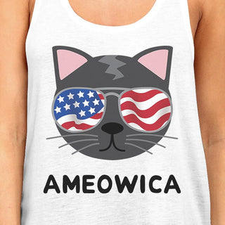 Ameowica Womens White 4th of July Sleeveless Shirt for Cat Lovers