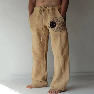 Buy color3 Solid Full Length Soft Linen Pants Mid Waist Pocket Drawstring