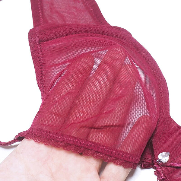 Varsbaby Sexy Mesh Lace Underwear Transparent Unlined 1 Bra+2 Panties Bra Set Plus Size 32-42cde