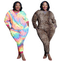 Plus Size Clothing 5xl Two Piece Outfits Women Tye Die Leopard Sweatsuit Home Wear Leggings Tracksuit Wholesale Dropshipping