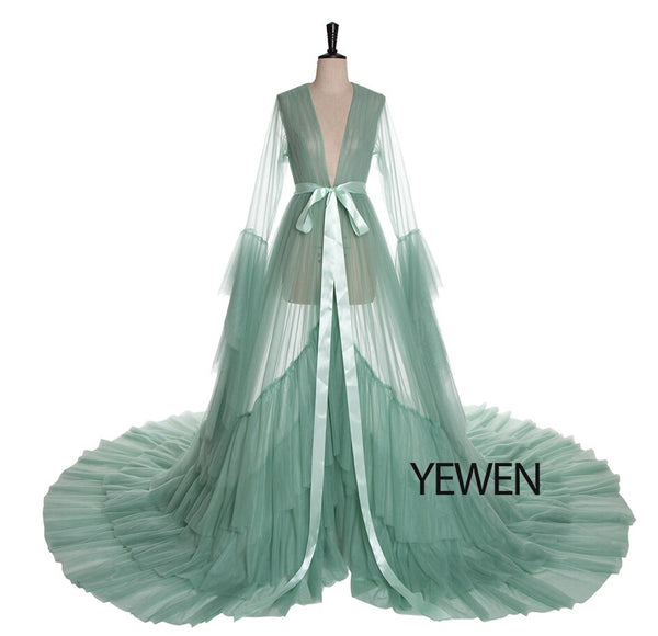 Green Long Sleeves Evening Dress Party Gowns Robe De Soiree Formal Prom Dresses Belt Top Evening Gowns YeWen Photography Dress