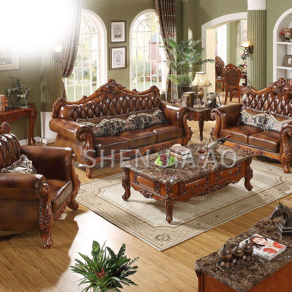 European Leather Sofa Luxury Solid Carved Sofa