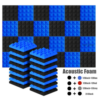 24Pcs 25x25x5cm Studio Acoustic Soundproof Foam Pyramid Noise Insulation Sound Absorption Treatment Panels 12Black 12Blue