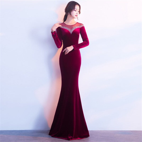 Dress Velvet  2020 Vestido Longo Plus Size Hot Sale Full Mesh Party Autumn Long Sleeve Company Annual Meeting Host Fish Tail