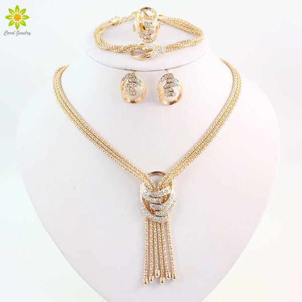 Latest Fashion African Beads Jewelry Sets Wedding Costume Women Party Gold Color Crystal Necklace Bangle Earring Ring