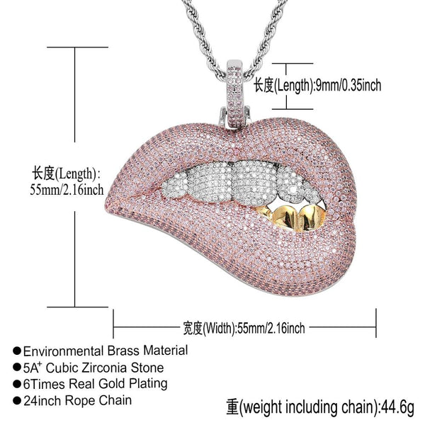 Bling Iced Out Drip Lip Pendant Micro Pave Pink Cubic Zirconia White
