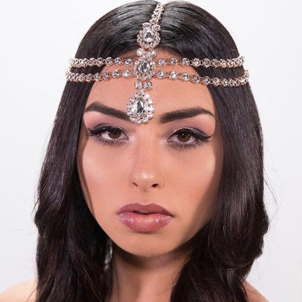 Boho Luxury Wedding Headpiece Crystal Head Chain Jewelry Silver Women