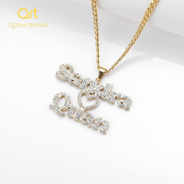 Customized Zirconia Double Name Necklace Personalized Iced Out Heart