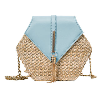 Buy sky-blue Fashion Hexagon Mulit Style Straw+pu Bag Handbags