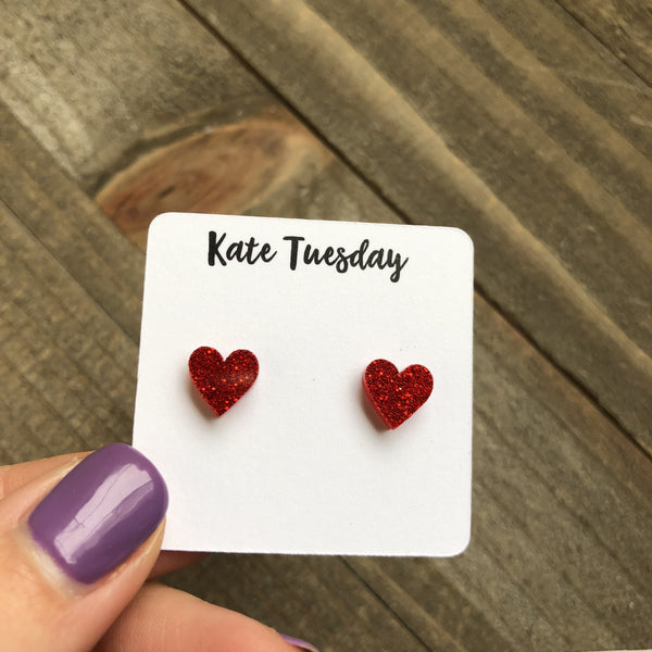 Little Red Acrylic Glitter Heart Earrings