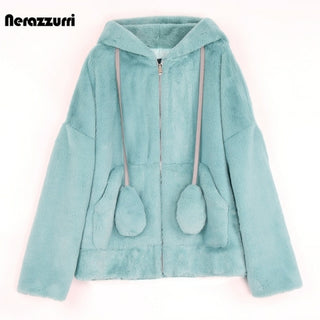 Buy light-green fluffy jacket with rabbit ears raglan sleeve zipper