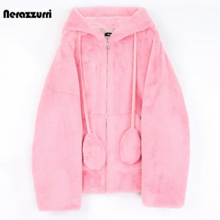 Buy pink fluffy jacket with rabbit ears raglan sleeve zipper