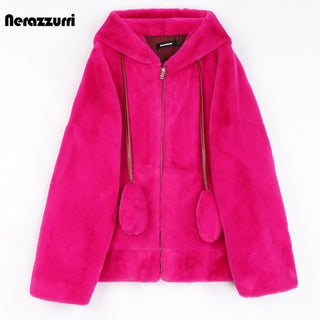 Buy rose-red fluffy jacket with rabbit ears raglan sleeve zipper