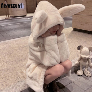 fluffy jacket with rabbit ears raglan sleeve zipper