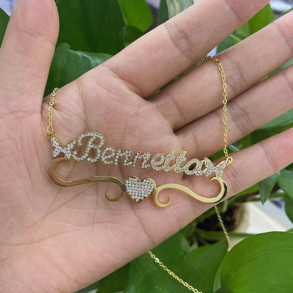 Personalized Butterfly Iced Out Name Necklace With Heart Pendant For