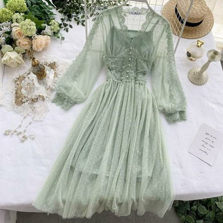 Buy light-green Mesh Lace Crochet V neck Puff Sleeves Dresses