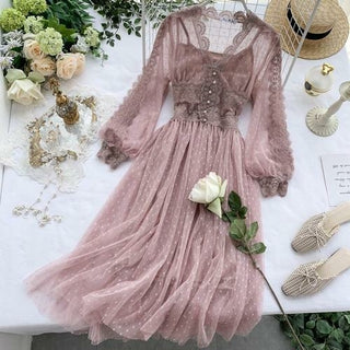 Buy pink Mesh Lace Crochet V neck Puff Sleeves Dresses