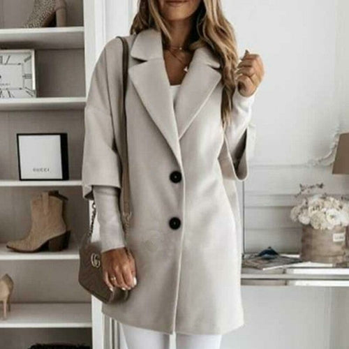 Women Turn-down Collar Button Woolen Coat