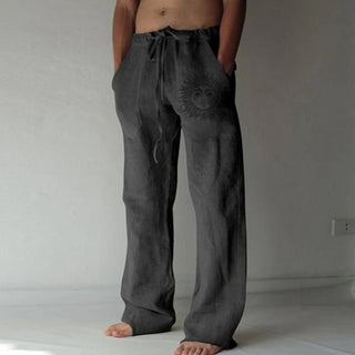 Buy color15 Solid Full Length Soft Linen Pants Mid Waist Pocket Drawstring