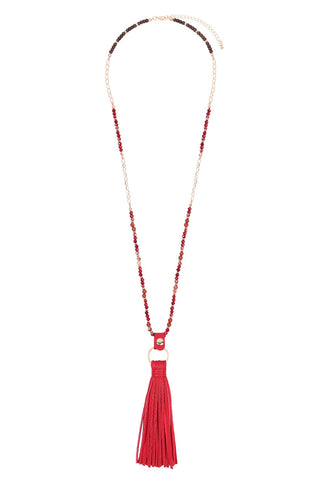 Buy red Hdn3121 - Leather Tassel Necklace