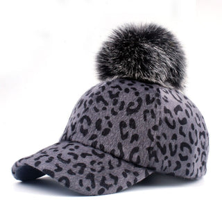 Buy adult-gray Faux Fur Pompom Ball Leopard Cap