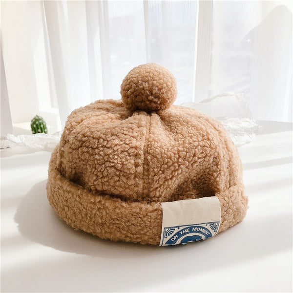 Japanese-Style Pure Color Children's  Label Plush Ball Melon Cap Chinese Landlord Hat Fashion Children's Baby Flannel Warm Hat
