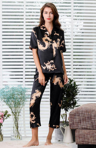Buy short-sleeve-women1 Couple Silk Satin Pajamas