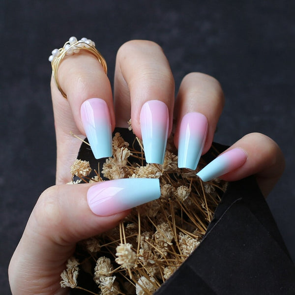 Long Pink Blue Ombre Coffin French Shiny Fake Nails Summer Lovely Salon Glossy Ballet Nails False Nail Medium Art