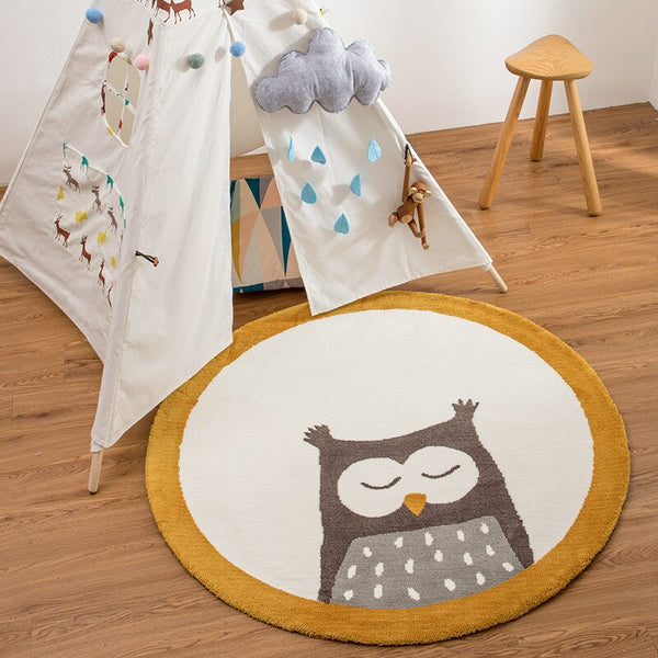 Cartoon Round Carpet Owl Panda Rainbow Printed Nordic Thickened Anti-Fall Mat Bedroom Bedside Children Game Crawling Mat
