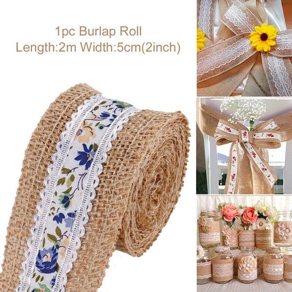2Meter/Lot 5cm Natural Jute Burlap Rose Hessian Lace Ribbon With White Lace Trim
