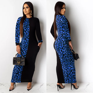 Buy blue-long-sleeve Leopard Print Bodycon Long Maxi Dress