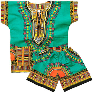 Green Dashiki Suit Boys & Girls Shirt with Short African clothing