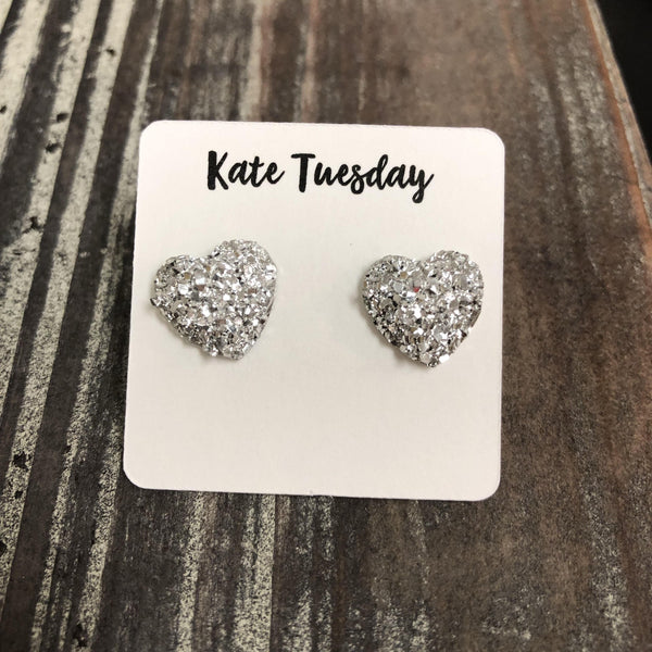 Silver Druzy Heart Stud Earrings